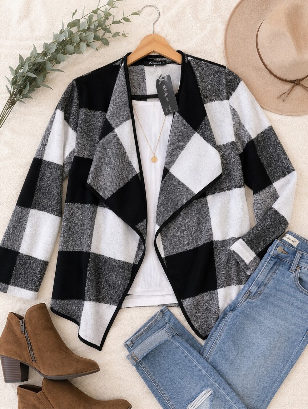 NWT Buffalo Plaid Open Front Cardigan Jacket Women's M Black White Shacket